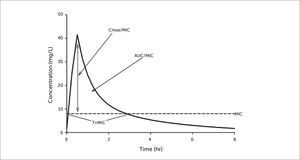 DEPICTION OF PHARMACODYNAMIC PARAMETERS OVER A CONCENTRATION TIME PROFILE MIC: Minimum inhibitory concentration; Cmax/MIC: Maximum concentration to MIC ratio; AUC/MIC: Area under the curve to MIC ratio; T>MIC: Time above the MIC.
