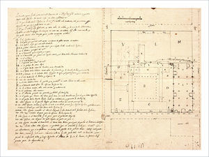 PLANO DE 1605 DE LA IGLESIA DE LOS JESUITAS Y DEL COLEGIO MÁXIMO DE SAN MIGUEL Muestra las distintas dependencias diseñadas para el ejercicio del magisterio. La letra “O” designa el lugar de la botica. Plano actualmente en la Bibliotheque Nationale de France.
