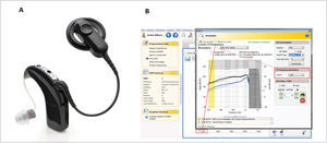 CP910 SOUND PROCESSOR A) The CP910 Sound Processor coupled to the acoustic component (ACO) fitted with dome ear canal insert. B) Integrated EAS fitting software (Custom Sound).