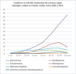 INCIDENCIA DE TUMORES SEGÚN HISTOLOGÍA Y EDAD CBTRUS 2009-2013. Adaptado de Quinn T. Ostrom, Haley Gitterman, Jordan XI, Courtney Kromer, Yongli Wolinsky, carol Krinchko, and Jill S. Barholtz-Sloan, CBTRUS Staditical Report: primary Brain and Central Nervous System Tumors Diagnosed in the United States in 2009-2013. Neuro Oncol (2016)18 (suppl5) v1-v75.