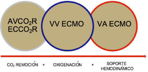 GRADO DE APOYO EXTRACORPÓREO AVCOR2R: Extracción de CO2 con membrana arteriovenosa sin bomba. ECCO2R: ECMO de bajo flujo (<30% débito cardiaco). VV ECMO: Conectado al lado derecho de la circulación sistémica, con al menos un 60% del gasto cardiaco del paciente. ECMO VA: Conectado en paralelo a la circulación nativa, se caracteriza por dar apoyo hemodinámico e intercambio de gases.