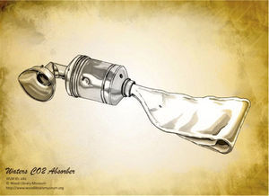 Canister de Waters o sistema “To and Fro” diseñado por el Dr. Ralph Waters (Tomado de https://www.woodlibrarymuseum.org/museum/item/108/waters-co2-absorber).