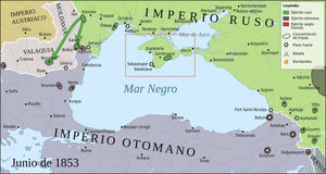 Mapa de la ubicación geográfica en la que tuvo lugar la Guerra de Crimea En color verde el Imperio Ruso y en color gris el Imperio Otomano. El recuadro destaca la península de Crimea, con ciudades como Balaklava y Sebastopol, donde se libraron batallas decisivas (By Crimean war map 1853-06.svg: Flappiefh derivative work: Rowanwindwhistler (Crimean war map 1853-06.svg) [CC BY-SA 4.0 (https://creativecommons.org/licenses/by-sa/4.0)], via Wikimedia Commons