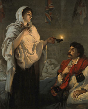 La dama con la lámpara (1891), en inglés: The lady with the lamp Reproducción de litografía en colores de una pintura de Henrietta Rae, titulada Miss Nightingale at Scutari (1854), que muestra Florence Nightingale entre los enfermos y heridos durante la guerra de Crimea (1853-1856) (De según Henrietta Rae - http://wellcomeimages.org/indexplus/image/V0006579.html, Dominio público, https://commons.wikimedia.org/w/index.php?curid=312336760