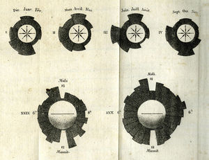 Gráfico de área polar creado por André-Michel Guerry en 1829 El radio de cada porción del gráfico se mantiene constante, mientras que el área se varía en proporción al dato que representa. Se debe leer de forma cíclica al igual que un reloj (recuperado de http://datavis.ca/milestones//admin/uploads/images/guerry/guerry_1829-coxcombs.jpg el 17/03/18)