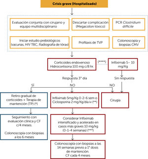Algoritmo de tratamiento crisis grave de Colitis Ulcerosa (*) En paciente que debuta su enfermedad, podría eventualmente ir a 5-ASA de mantención, si presenta riesgo a TP. (**) En pacientes previamente vírgenes a TP, considerar ciclosporina. Considerar según disponibilidad el uso de vedolizumab. (***) Pacientes con hipoalbuminemia, PCR elevada, anemia. Evaluar respuesta clínica después de cada dosis (****) En paciente inmunorefractario optimizada, 5-ASA dosis adecuadas, que desarrolla crisis grave, infliximab en dosis según condición clínica VIH: virus de inmunodeficiencia humana; TBC: tubercuolsis; TVP: trombosis venosa profunda; CMV: citomegalovirus; TP: tiopurínicos; CF: calprotectina fecal.