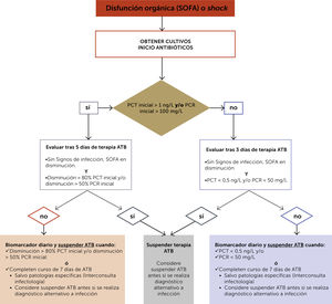 Protocolo activo de suspensión de antimicrobianos basado en biomarcadores Abreviaciones: SOFA: Sequential Organ Failure Assessment; PCT: procalcitonina; PCR: proteína C reactiva; ATB: antibiótico. Adaptado de Oliveira 201345.