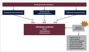 Hipótesis Fisiopatología de la FBM (IASP). Referencia de Update on Fibromyalgia Syndrome IASP Clinical update Vol XVI 2008;4:1-6.