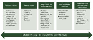 Paquete de medidas no farmacológicas para la prevención delirium[26,27,29,31,34,36]. En verde se encuentran las áreas de intervención y en verde claro las acciones / técnicas específicas a considerar. AVD: Actividades de vida diaria.