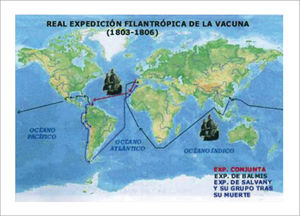 Mapa con las rutas seguidas por la Real Expedición Filantrópica de la Vacuna (1803-1806)