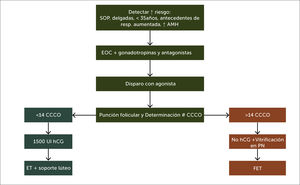 Flujograma de procedimiento para prevenir complicaciones en la estimulación ovárica Abreviaturas: CCCO: complejo-cúmulo–corona-oocito; SOP: síndrome ovario poliquístico; AMH: hormona antimülleriana; UI: unidades internacionales; hCG: hormona gonadotrofina coriónica humana; ET: Embryo Transfer; PN: pronúcleo; FET: Frozen Embryo Transfer. Devroey et al. (2011) (Ref. 48).