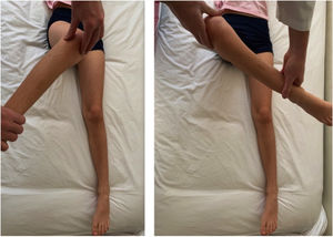 Rotación interna y externa. Con la cadera y rodilla en flexión de 90° se lleva el pie hacia fuera (rotación interna) y viceversa.