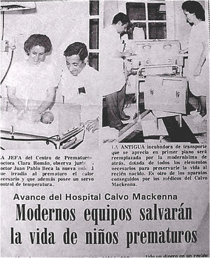 Noticia en el diario de la inauguración de la primera UCI neonatal de Chile en el Hospital Luis Calvo Mackenna.