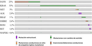 Oncoplot representativo del perfil mutacional de 12.434 pacientes con NSCLC, específicamente adenocarcinoma. A partir de datos disponibles en GENIE (https://genie.cbioportal.org)82, se seleccionaron los pacientes y el análisis sólo de las mutaciones conductoras presentes en los genes accionables EGFR, KRAS, MET, ALK, BRAF, ERBB2, ROS1, RET y MAP2K1. El 77% de los pacientes presentó al menos un gen alterado. La clave de color representa el tipo de mutación encontrada. El oncoplot muestra sólo los pacientes con alteraciones42,43.