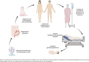 Uso de la medicina de precisión en las distintas etapas de de la vida de una persona. Nota: *La selección de embriones en este esquema se refiere a los casos donde uno de los padres es portador de una variante patogénica que causa una enfermedad. Por ello, se puede optar a seleccionar los embriones que no son portadores.