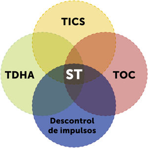 Comorbilidad en el síndrome de Tourette. Basada en Jankovic J. (2001)4. Abreviaturas: TDAH: trastorno por déficit de atención e hiperactividad; ST: síndrome de Tourette; TOC: trastorno obsesivo compulsivo.