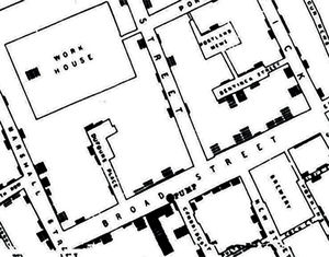 Mapa confeccionado por John Snow de las muertes por cólera ocurridas en el área de Broad Street. La bomba de agua (pump) se ubica en la intersección de Broad y Cambridge Street. Las barras negras corresponden a muertes. Se observan también la cervecería (Brewery) y la hospedería (Work House). Fuente: Cerda J y Valdivia G1.