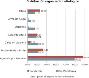 Distribución de las fracturas en grupos pandemia y pre-pandemia clasificados según factor etiológico Otros: golpes de equino y caídas de objetos.