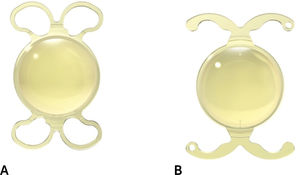 Lentes intraoculares monofocales MICROPURE y ANKORIS A. Lente intraocular MICROPURE monofocal con 4 hápticas en asa. B. Lente intraocular ANKORIS monofocal tórico con 4 hápticas en C.