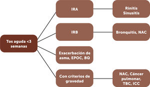 Esquema de la clasificación y etiologías de la tos aguda. Abreviaturas: BQ: bronquiectasias; EPOC: enfermedad pulmonar obstructiva crónica; ICC: insuficiencia cardíaca congestiva; IRA: infección respiratoria alta; IRB: infección respiratoria baja; NAC: neumonía adquirida en la comunidad; TBC: tuberculosis pulmonar; RGE: Reflujo gastroesofágico.