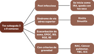 Esquema de la clasificación y etiologías de la tos subaguda. Abreviaturas: BQ: bronquiectasias; BE: bronquitis eosinofílica; EPOC: enfermedad pulmonar obstructiva crónica; ICC: insuficiencia cardíaca congestiva; IRA: infección respiratoria alta; NAC: neumonía adquirida en la comunidad; RGE: Reflujo gastroesofágico; TBC: tuberculosis pulmonar.