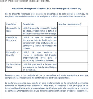 Declaración de integridad académica en el uso de IA.