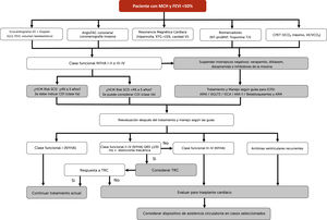 Algoritmo diagnóstico-terapéutico para pacientes con miocardiopatía hipertrófica (MCH) que evolucionan con disfunción sistólica (FEVI <50%). Este algoritmo representa el abordaje diagnóstico y terapéutico de pacientes con MCHno que presentan disfunción sistólica con FEVI menor al 50%. El enfoque inicial incluye la evaluación multimodal mediante ecocardiograma, RMC, biomarcadores y CPET. Una vez completada esta evaluación, se indica tratamiento según las guías para ICFEr, incluyendo betabloqueantes, ARM, iSGLT2 y ARNI o, en su defecto, IECA o ARA II. Debe evaluarse el riesgo de muerte súbita y considerar la colocación de un CDI. La presencia de disincronía con QRS mayor o igual a 130 milisegundos justifica la evaluación para TRC. Si persisten síntomas en clase funcional NYHA III–IV o existen múltiples descargas del CDI por arritmias ventriculares potencialmente mortales refractarias al tratamiento antiarrítmico, se debe considerar la evaluación para trasplante cardíaco o asistencia circulatoria mecánica. Abreviaturas: MCHno: miocardiopatía hipertrófica no obstructiva; FEVI: fracción de eyección del ventrículo izquierdo; ICFEr: insuficiencia cardíaca con fracción de eyección reducida; ARNI: inhibidor del receptor de angiotensina y neprilisina; iSGLT2: inhibidores del cotransportador sodio-glucosa tipo 2; IECA: inhibidor de la enzima convertidora de angiotensina; ARA II: antagonista del receptor de angiotensina II; ARM: antagonista del receptor de mineralocorticoides; CDI: cardiodesfibrilador implantable; TRC: terapia de resincronización cardíaca; CPET: prueba de ejercicio cardiopulmonar; RMC: resonancia magnética cardíaca; NYHA: New York Heart Association; TV: taquicardia ventricular. (Figura de elaboración propia).