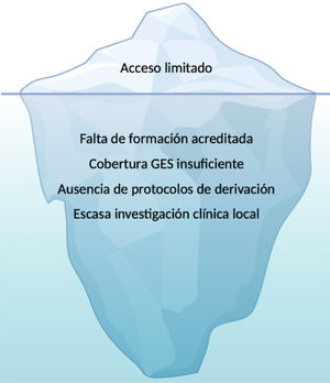 Barreras visibles y estructurales para la integración de la rehabilitación oncológica en Chile La parte visible del iceberg muestra obstáculos frecuentes. Bajo la superficie se encuentran barreras estructurales más profundas.