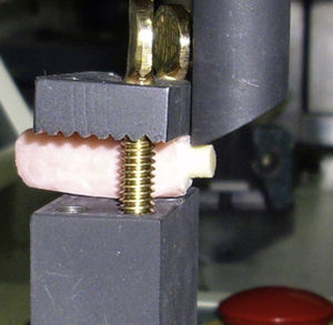 Cuerpo de prueba posicionado para test de cizallamiento.
