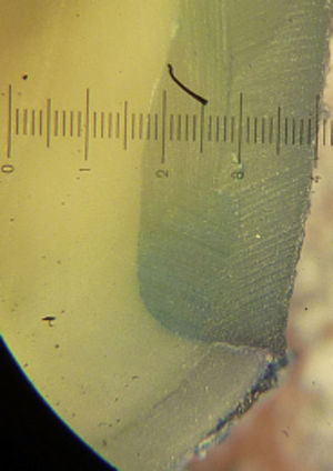 Cuerpo de prueba observado a través del ocular graduado del microscopio óptico estereoscópico, con aumento lupa.