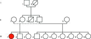Árvore genealógica. Caso índice: indivíduo III-1. Indivíduo II-3: morte súbita.