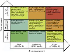 Sports classification based on peak static and dynamic components achieved during competition. The lowest total cardiovascular demands (cardiac output and blood pressure) are shown in green and the highest in red. Max O2: maximal oxygen uptake; MVC: maximal voluntary contraction. *Danger of bodily collision. †Increased risk if syncope occurs (adapted from Mitchell et al. in the report of the 36th Bethesda Conference35).