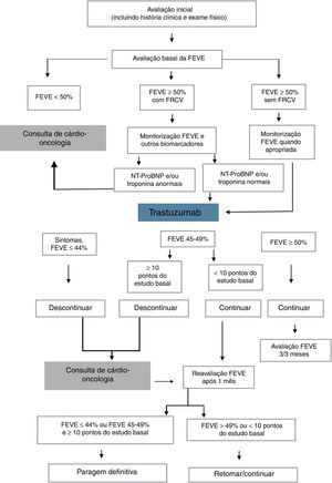 Algoritmo de decisão para monitorização e deteção de cardiotoxicidade tipo I e tipo II antes e durante quimioterapia (adaptado de Rashi et al.60). FEVE: fração de ejeção ventricular esquerda.