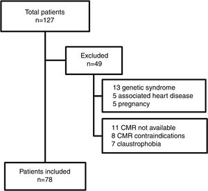 Graphic representation of the study population and exclusion criteria. CMR: cardiovascular magnetic resonance.