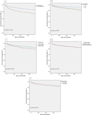 Cumulative survival curves according to access route (A), EuroS-II strata (B), timeframes in years of national experience (C), type of valve (D), age strata (E). *p<0.05.