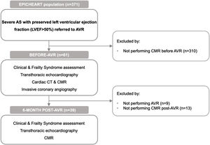 Study flowchart. AS: aortic stenosis; AVR: aortic valve replacement; CMR: cardiac magnetic resonance; CT: computed tomography; LVEF: left ventricular ejection fraction.