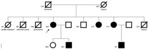 Family pedigree showing affected relatives (dark symbols) and non-affected relatives (white symbols). The arrow indicates the proband. In this family, there is complete cosegregation between the genotype (mutation p.Ala335Pro in the MYH7 gene) and the left ventricular noncompaction phenotype. M: months; Y: years.