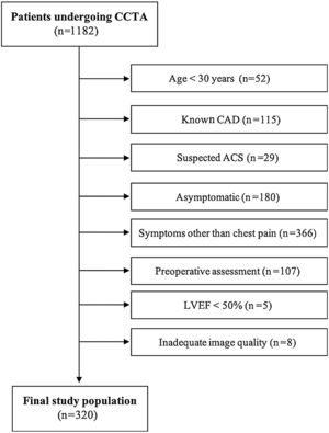 Study flowchart. ACS: acute coronary syndrome; CAD: coronary artery disease; CCTA: coronary computed tomography angiography; LVEF: left ventricular ejection fraction.