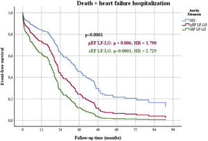 Multivariate Cox regression analysis for death+heart failure hospitalizations in high gradient versus preserved ejection fraction low flow low gradient and reduced ejection fraction low flow low gradient aortic stenosis. pEF: preserved ejection fraction; rEF: reduced ejection fraction; LF-LG: low flow low gradient; HG: high gradient; HR: hazard ratio.