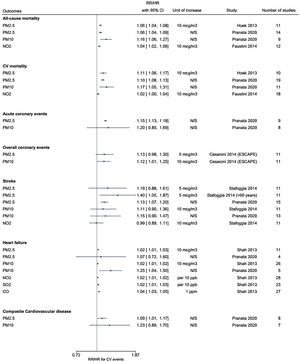 Summary estimates of the impact of air pollutants on cardiovascular event risk.
