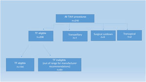 Flow chart of the study population. TAVI: transcatheter aortic valve implantation; TF: transfemoral access.