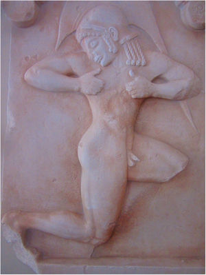 Replica of a grave stele depicting the sudden cardiac death of a dying warrior runner (the original is in the Theseion, Athens, c. 490-480 BC)