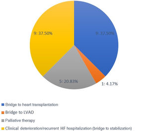 Primary reason for referral for outpatient levosimendan administration. HF: heart failure; LVAD: left ventricular assist device.