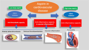 The spectrum of aspirin use in cardiovascular disease over the years. Low-dose aspirin (a COX 1 inhibitor) has been widely used in the prevention of arterial atherothrombosis and sometimes as an adjunctive agent in venous thromboembolism; it has also been proposed as possibly able to curb vascular inflammation. At higher dosages, it is still used in pericarditis.