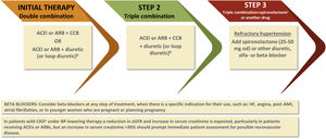 Suggested therapeutic regimen for the management of hypertension.31aCKD is defined as eGFR<60 ml/min/1.72 m2 with or without proteinuria; bpreferential use of loop diuretics if eGFR<30 ml/min/1.72 m2, due to thiazide diuretics or similar being much less effective when eGFR is reduced to these levels; ccaution: risk of hyperkalemia with spironolactone, especially when eGFR is less than 45 ml/min/1.72 m2 or when basal kalemia ≥4.5 mmol/L. ACEi: angiotensin converting enzyme inhibitor; AMI: acute myocardial infarction; ARB: angiotensin receptor blocker; BP: blood pressure; CCB: calcium channel blocker; CKD: chronic kidney disease; eGFR: estimated glomerular filtration rate; HF: heart failure.