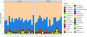 Bar chart showing phylum-level distribution of intestinal bacteria by relative abundance in all included patients (P) and healthy controls (C).