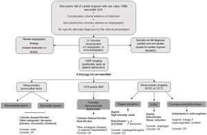 Proposed diagnostic algorithm and cause-targeted treatment strategies for patients with myocardial infarction with non-obstructive coronary arteries (MINOCA). ACEI: angiotensin converting enzyme inhibitor; ARB: angiotensin receptor blocker; CFR: coronary flow reserve; CMR: cardiac magnetic resonance; CR: cardiac rehabilitation; IMR: index of microvascular resistance; IVUS: intravascular ultrasound; LV: left ventricular; MI: myocardial infarction; OCT: optical coherence tomography; SCAD: spontaneous coronary artery dissection; ULN: upper limit of normal.