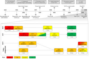 The roadmap to transcatheter aortic valve implantation. Above is the overall timeline of events since the first case descriptions of aortic stenosis. Below is the timeline of the major randomized clinical trials organized by valve type and patient risk, also displaying the longest follow-up study available to date. AS: aortic stenosis; BEV: balloon-expandable valve; HR: high risk; LR: low risk; MEV: mechanically-expandable valve; RCT: randomized clinical trial; SAVR: surgical aortic valve replacement; SEV: self-expanding valve; TAVI: transcatheter aortic valve implantation.