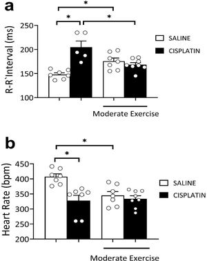 Effect of physical exercise for 5 weeks on the R–R′ interval, and heart rate (bpm) in saline, cisplatin, exercise, or exercise+cisplatin rats. Differences were evaluated using one-way ANOVA with Tukey post hoc comparisons; values of *p<0.05 were considered significant (n=5–8 rats for group).