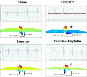 Representative recordings of electrocardiogram and 3D image saline, cisplatin, exercise, and exercise+cisplatin. *p<.0.05 vs. control and #p<0.05 vs. cisplatin.